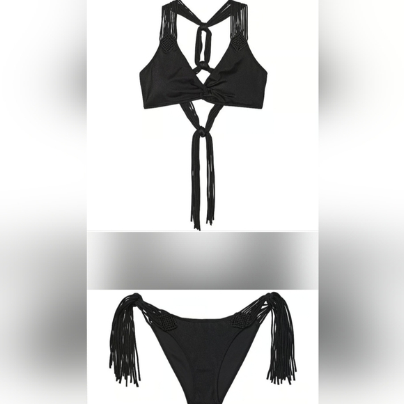 XL/XL VS Swim VS Archives Macrame Fringe Bralette Cheeky Bikini Set Black - Picture 1 of 3